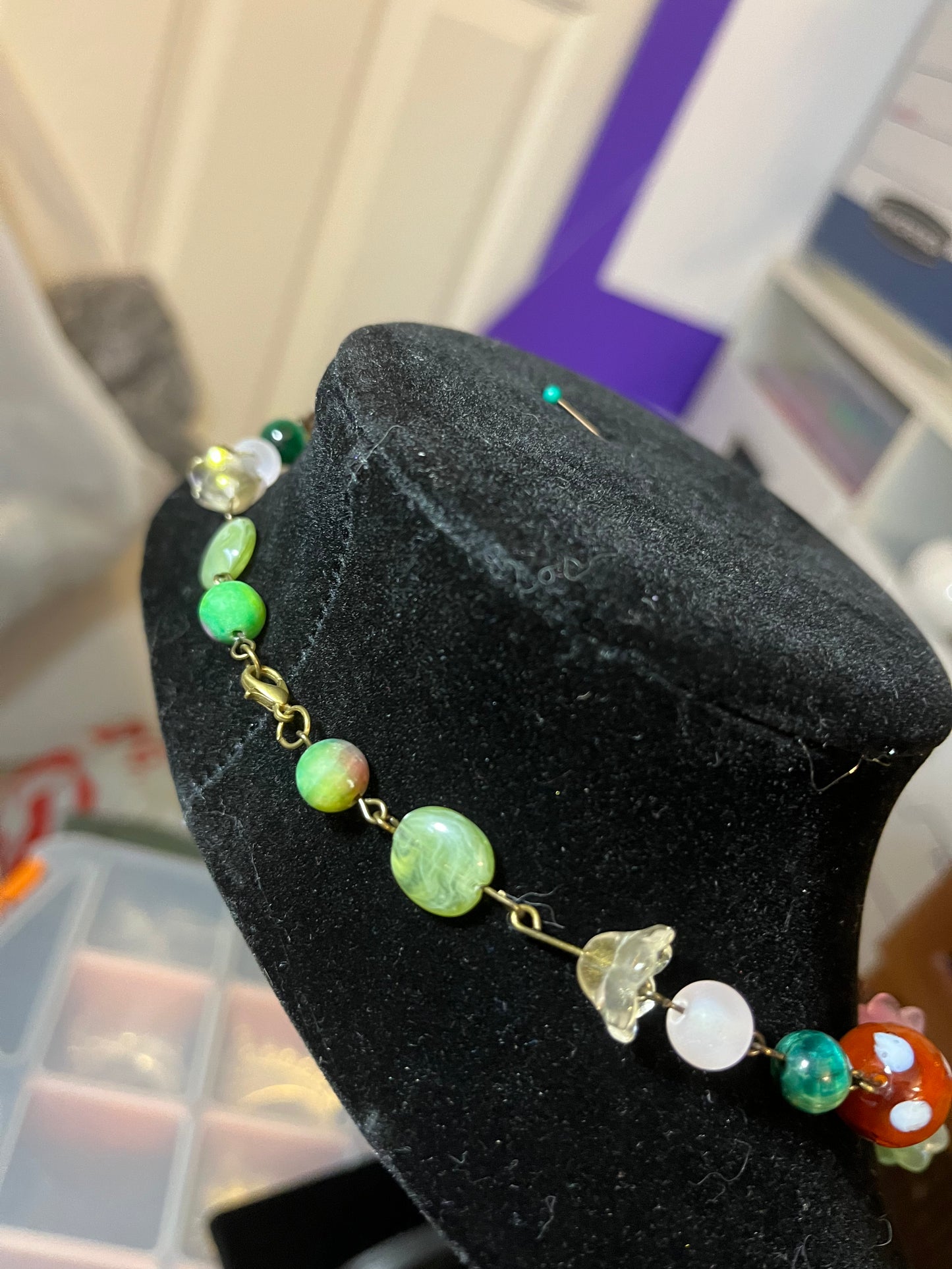 Pink and green Faery flower necklace