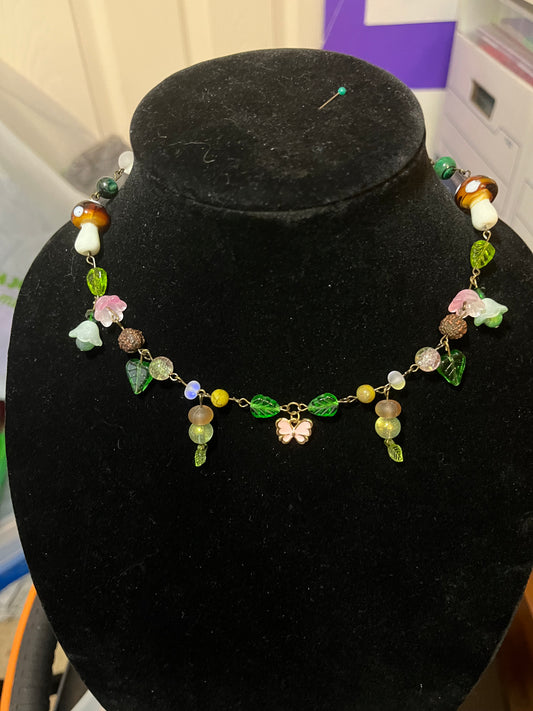 Pink and green Faery flower necklace