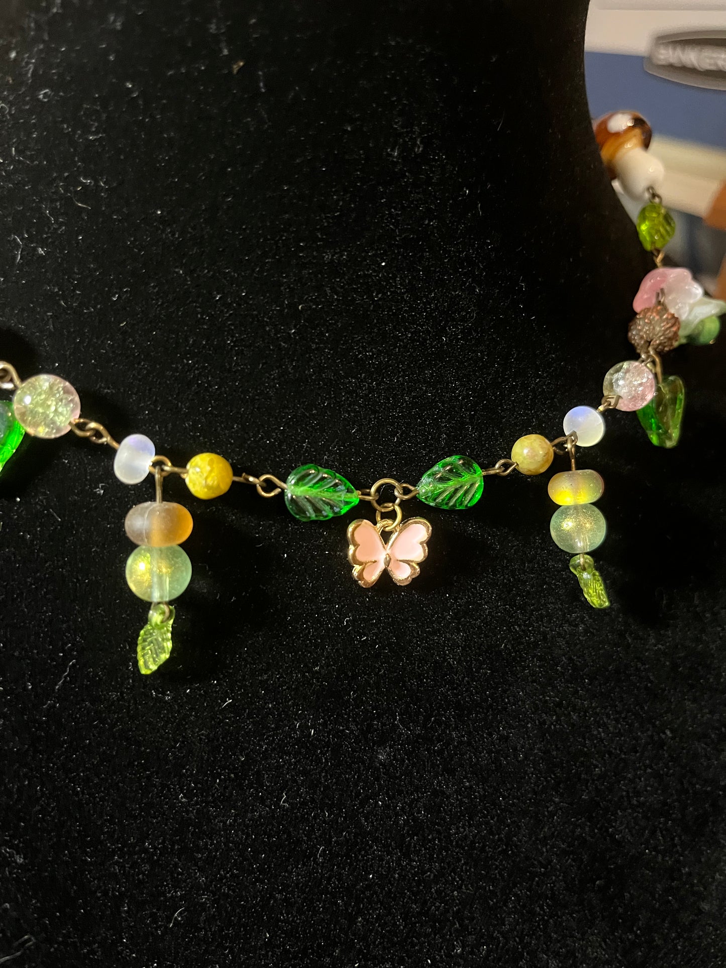 Pink and green Faery flower necklace